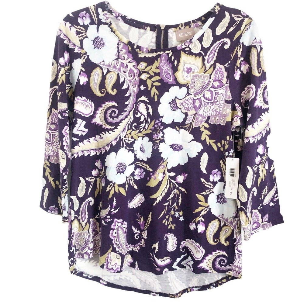 Chico's NWT Paisley Bouquet Terri Scoop 3/4 Sleeve Top in Purple Back Zip 0 (4)
